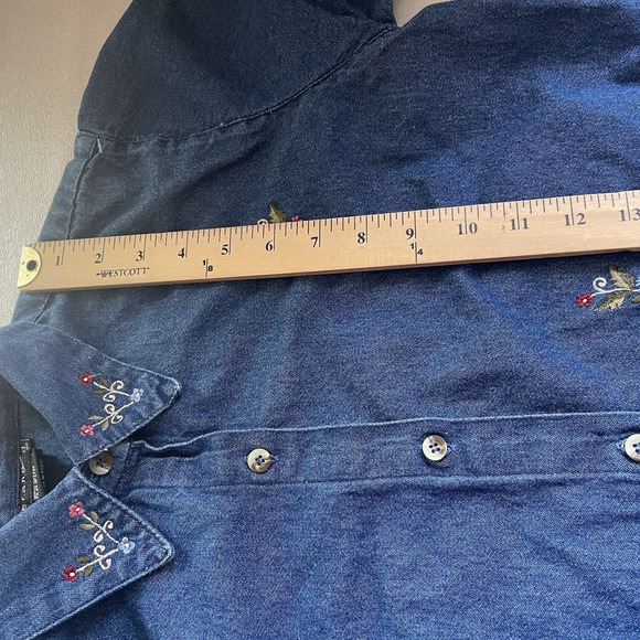 Vintage Y2K Deranged Shirt Women Large Blue Denim Embroidered Floral Button Up - Picture 9 of 10